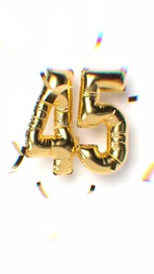 Golden Foil Number 45 Balloons with Falling Rainbow Confetti