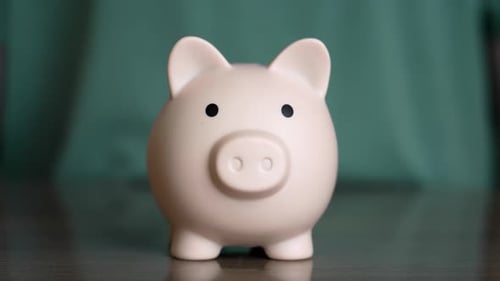 Person contributing coins to a cheerful piggy bank for future savings
