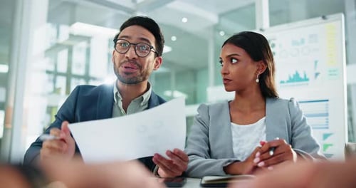 Document, meeting and business people in office for financial proposal, negotiation or deal