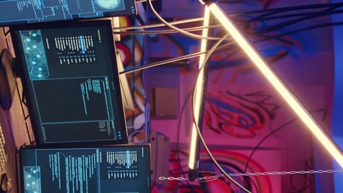 High-tech Data Code on Multiple Computer Screens