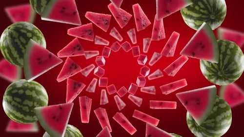 Burst of Watermelon and Watermelon Slices in Deep Red Burgundy Background