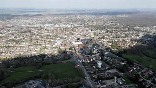 Billericay Essex UK town centre High street Aerial pull back reveal 4k.
