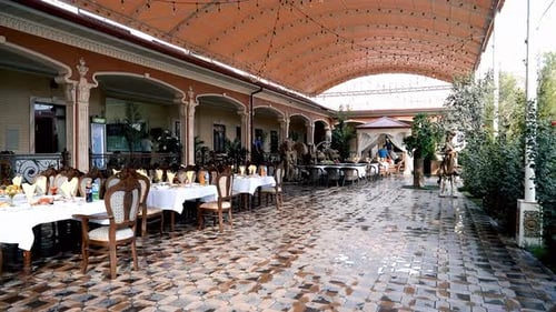 beautiful wedding restaurant with laid tables