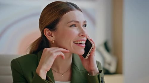 Closeup Happy Businesswoman Calling Mobile Phone Sitting Office Boss Talking
