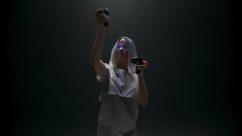 Woman in VR Headset Interacting with Virtual Reality