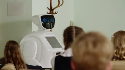 Robot teacher futuristic school entering classroom full of students