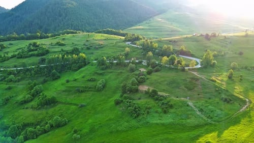 A Road Passes Hills Covered with Spruce Forests and Meadows Against a Cloudy Sky