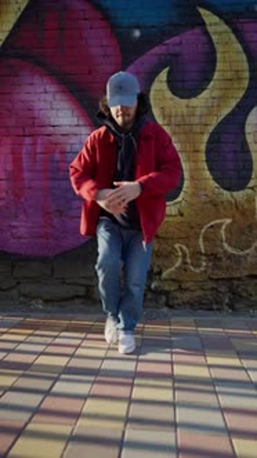 Vertical Video Street Dancer Dances a Modern Hip Hop Dance in a Red Jacket