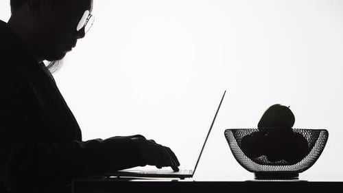 Businessman working on a laptop computer in his office with a basket of fruit on the desk - silhouet