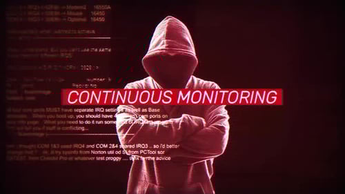 Hooded Figure Glitch Reveal with Continuous Monitoring Title