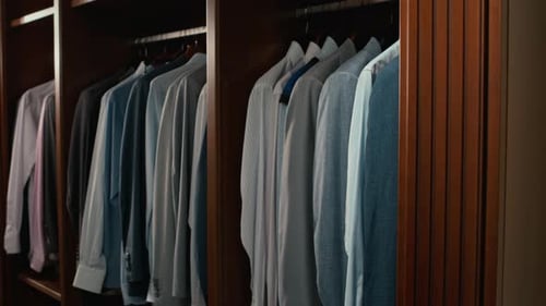 Row of Shirts Hanging in Closet in Menswear Store