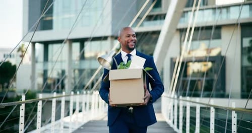 City, excited and business black man with box happy for interview success