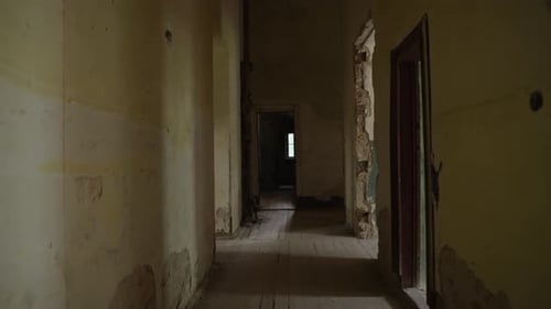 Moving Forward Along Corridor of Old Scary Abandoned Building POV