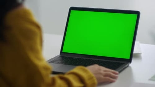 Unrecognized businesswoman looking at green screen laptop in modern office
