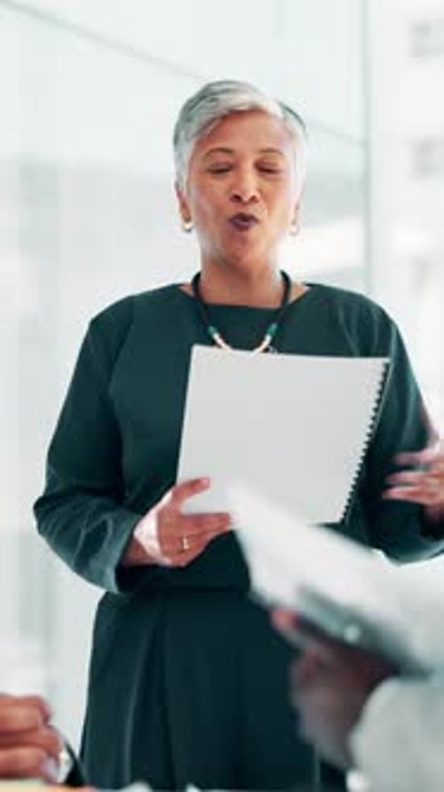 Mature, speaker and woman with portfolio in presentation, meeting or project pitch in office