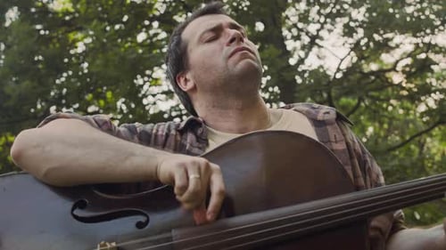 Musician Playing Cello Like Guitar during Outdoor Live Performance in Park