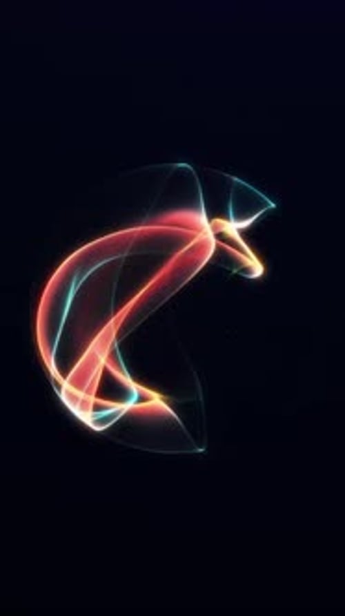 Vertical abstract orb with pink and green glowing curves flowing around smooth gradient edges