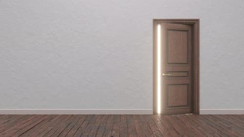 Closed wooden door in a bright room.