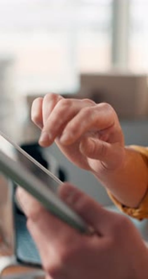 Hands, tablet and scroll for dropshipping with logistics schedule, checklist and order at workplace