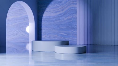 3D Rendering Image of Blue Round Podiums in Contemporary Studio