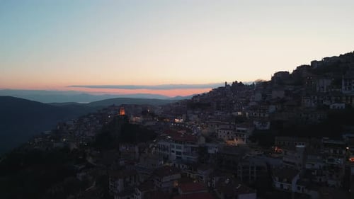 Aerial footage over greek village Arachova after the sunset
