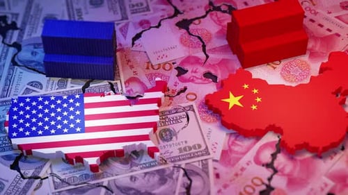 US and China Trade Conflict Concept with Currency and Containers