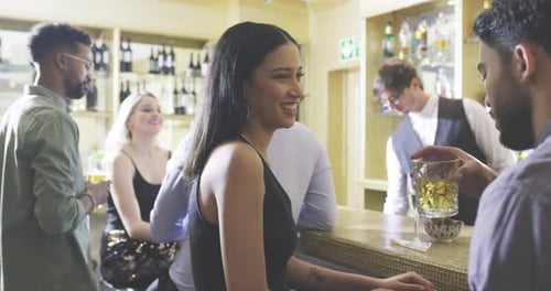 Date, drinks and smile with couple at bar for alcohol, social event and happy hour