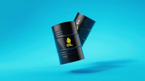 Deux barils de pétrole en métal noir flottent sur fond bleu, vue de face, concept de l'industrie pétrolière, boucle de rendu 3D