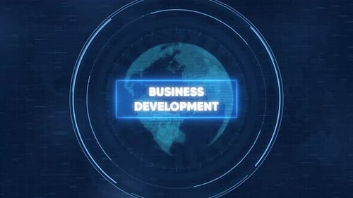 Business development digital hud interface with rotating globe and tech data visualization