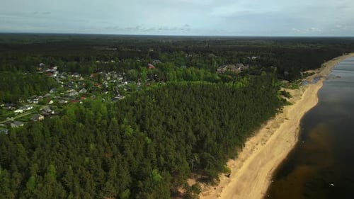 A Breathtaking Aerial View Showcasing Lush Forests Alongside a Serene Beachscape Near a Tranquil