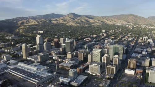 Wide establishing view of Salt Lake City's downtown area.