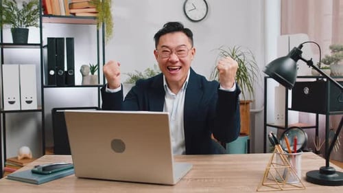 Happy Amazed Businessman Shocked By Sudden Victory Game Winning Lottery Goal Achievement Good News