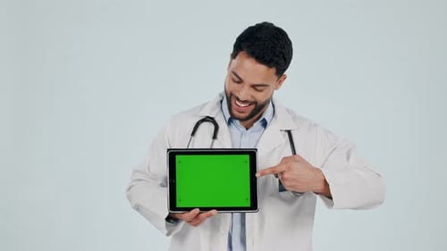 Doctor, tablet green screen and thumbs up, success or healthcare support