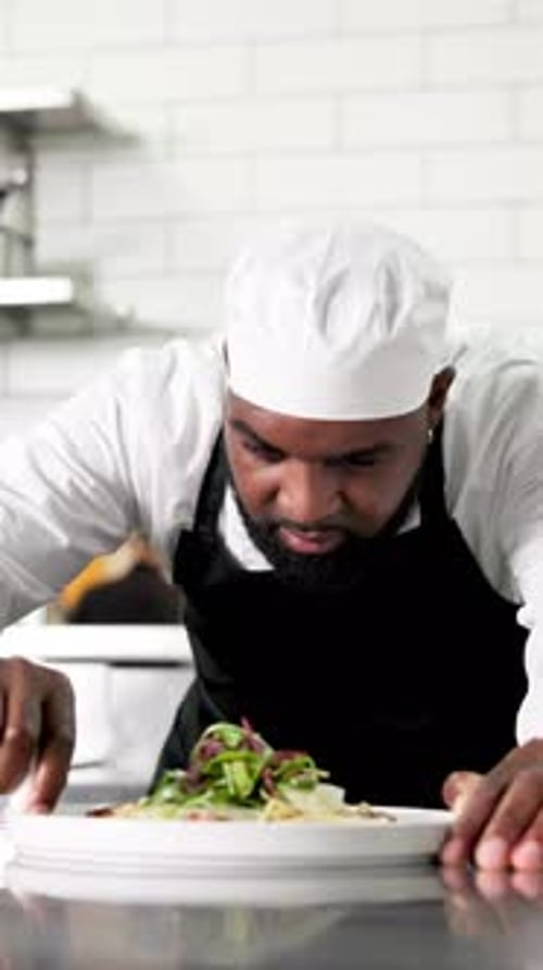 Hombre negro, chef y cocinando con plato, presentación o ensalada para una carrera culinaria en un restaurante