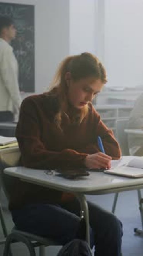 Worried Female Student Sits Quietly Apart From Group of Cheerful Classmates Using Phones and Talking