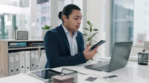 Phone video call, problem and business man discussion, stress and argue over company mistake