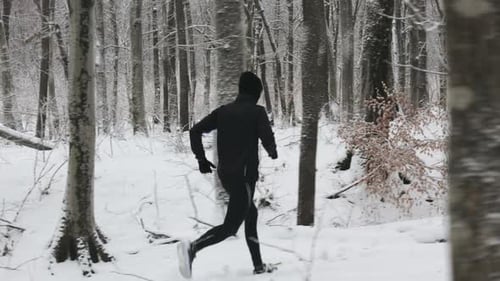 Back View of Runner Training Alone at Winter Woodland