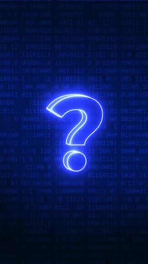 Neon Question Mark with Scrolling Binary Code Background