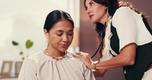 Healthcare, patient and stethoscope in hospital with doctor for assessment or breathing checkup