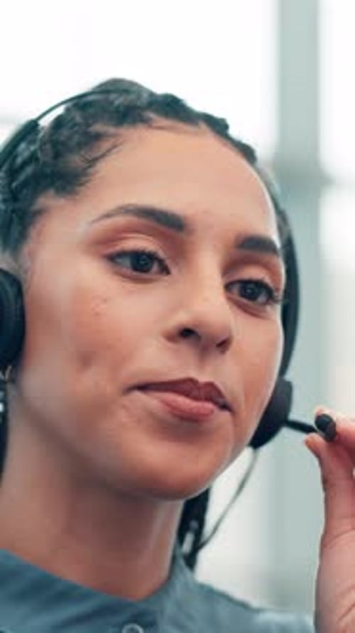 Call center, headset or woman in office, speaking or communication with online service