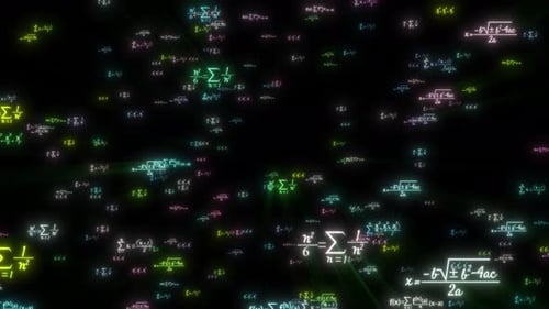 Glowing Geometry Math Formula Animation, Equation Math Flying On Black Background. Animation