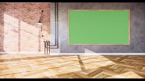 Spacious Room with Green Chalkboard and Brick Wall
