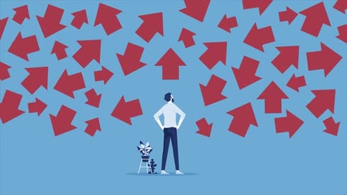 man looking at arrows not knowing what decision to make animation 4k