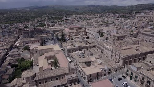 Noto historical city, Sicily aerial toward the Chruch of San Domenico