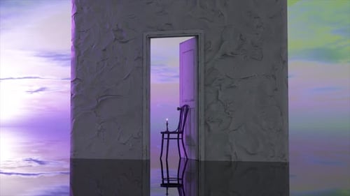 White Concrete Wall and an Open Door to Imaginary World Purple Sunset Surrealism A Candle Burns on a