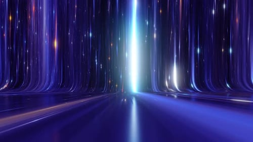 Vertikal leuchtende Neonlinien im virtuellen Raum.