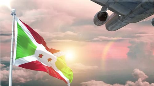 Burundi Flag Waving And Airplane Flying Over Sunset
