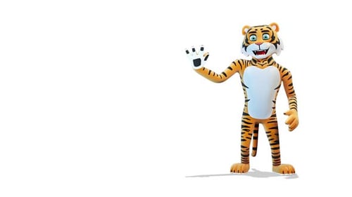 Tiger kommt von der rechten Seite des Bildschirms heraus und grüßt auf weißem Hintergrund