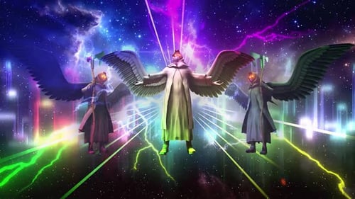 Cosmic Winged Figures with Axes in Futuristic Light Tunnel