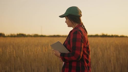 A Woman Agronomist with a Tablet in Her Hands Looks at the Harvest on the Field